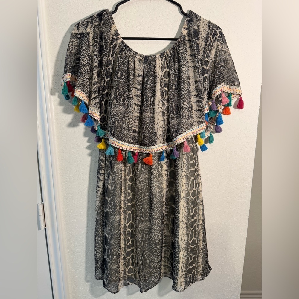 Judith March Gray Silver Snake Print Tassle Strapless Off Shoulder Dress Size M